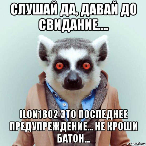 слушай да, давай до свидание.... ilon1802 это последнее предупреждение... не кроши батон..., Мем укуренный лемур