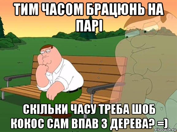 тим часом брацюнь на парі скільки часу треба шоб кокос сам впав з дерева? =), Мем Задумчивый Гриффин