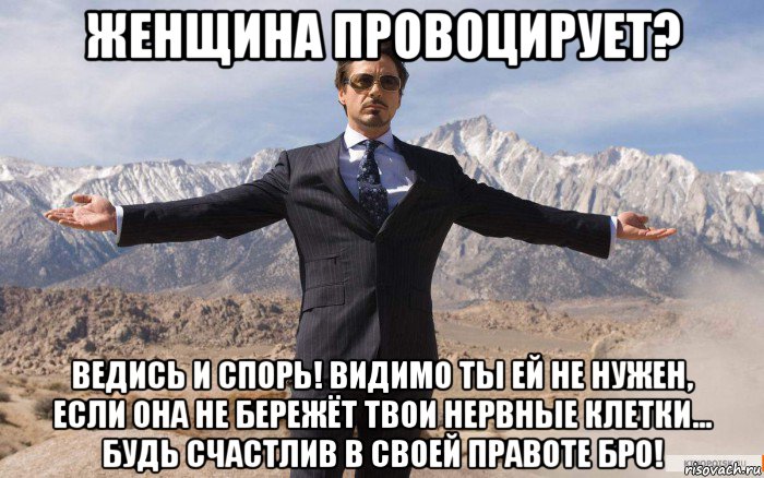 женщина провоцирует? ведись и спорь! видимо ты ей не нужен, если она не бережёт твои нервные клетки... будь счастлив в своей правоте бро!, Мем железный человек