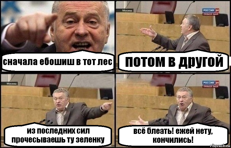 сначала ебошиш в тот лес потом в другой из последних сил прочесываешь ту зеленку всё блеать! ежей нету, кончились!, Комикс Жириновский