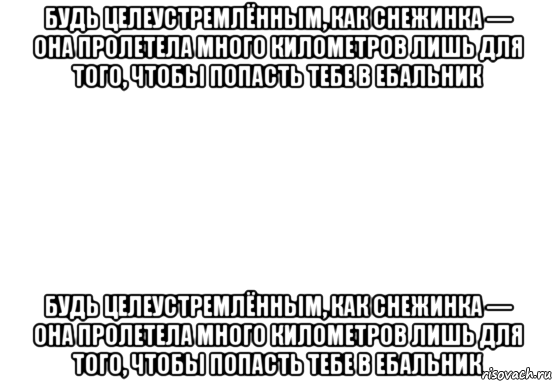 будь целеустремлённым, как снежинка — она пролетела много километров лишь для того, чтобы попасть тебе в ебальник будь целеустремлённым, как снежинка — она пролетела много километров лишь для того, чтобы попасть тебе в ебальник, Мем Белый фон