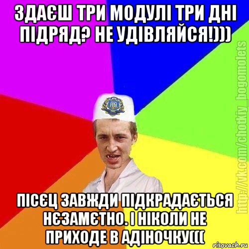 здаєш три модулі три дні підряд? не удівляйся!))) пісєц завжди підкрадається нєзамєтно. і ніколи не приходе в адіночку(((, Мем Чоткий пацан