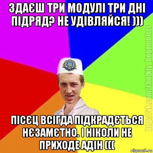 здаєш три модулі три дні підряд? не удівляйся! ))) пісєц всігда підкрадється нєзамєтно. і ніколи не приходе адін (((, Мем Чоткий пацан