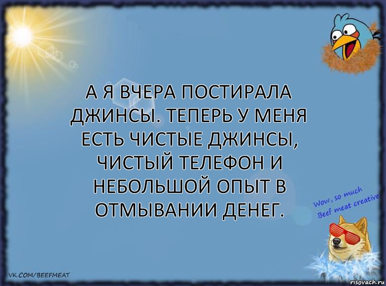 А я вчера постирала джинсы. Теперь у меня есть чистые джинсы, чистый телефон и небольшой опыт в отмывании денег., Комикс ФОН