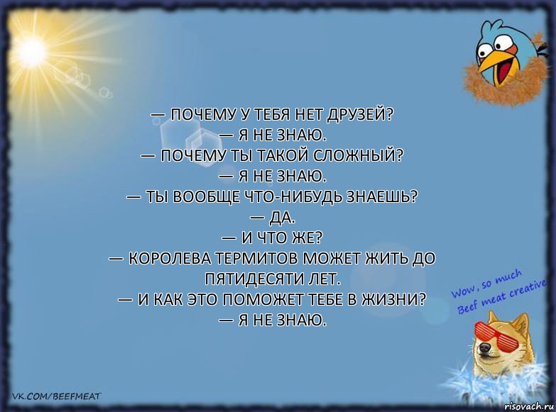 — Почему у тебя нет друзей?
— Я не знаю.
— Почему ты такой сложный?
— Я не знаю.
— Ты вообще что-нибудь знаешь?
— Да.
— И что же?
— Королева термитов может жить до пятидесяти лет.
— И как это поможет тебе в жизни?
— Я не знаю., Комикс ФОН