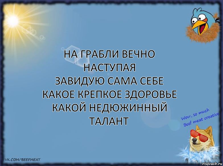 На грабли вечно наступая
Завидую сама себе
Какое крепкое здоровье
Какой недюжинный талант, Комикс ФОН