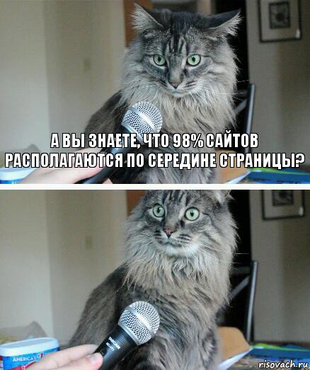 а вы знаете, что 98% сайтов располагаются по середине страницы? , Комикс  кот с микрофоном