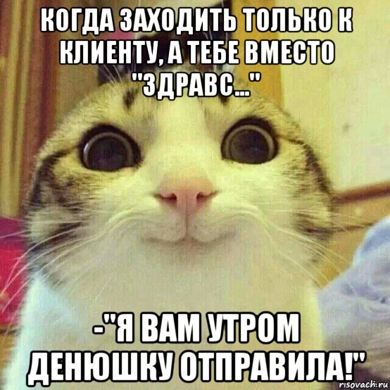 когда заходить только к клиенту, а тебе вместо "здравс..." -"я вам утром денюшку отправила!", Мем       Котяка-улыбака