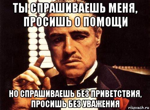 ты спрашиваешь меня, просишь о помощи но спрашиваешь без приветствия, просишь без уважения, Мем крестный отец