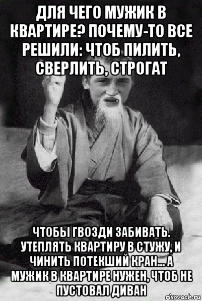 для чего мужик в квартире? почему-то все решили: чтоб пилить, сверлить, строгат чтобы гвозди забивать. утеплять квартиру в стужу, и чинить потекший кран... а мужик в квартире нужен, чтоб не пустовал диван, Мем Мудрий паца