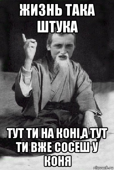 жизнь така штука тут ти на коні,а тут ти вже сосеш у коня, Мем Мудрий паца