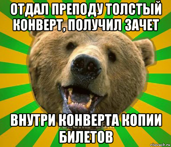 отдал преподу толстый конверт, получил зачет внутри конверта копии билетов, Мем Нелепый медведь