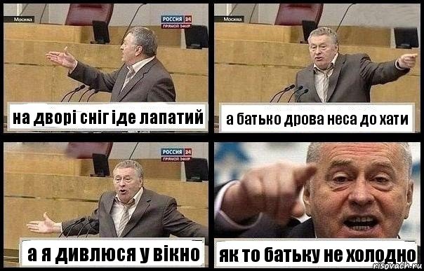 на дворі сніг іде лапатий а батько дрова неса до хати а я дивлюся у вікно як то батьку не холодно, Комикс с Жириновским