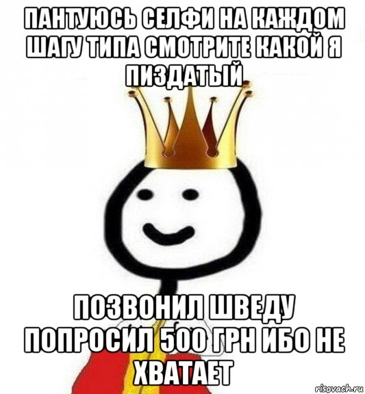 пантуюсь селфи на каждом шагу типа смотрите какой я пиздатый позвонил шведу попросил 500 грн ибо не хватает, Мем Теребонька Царь