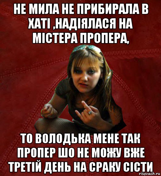 не мила не прибирала в хаті ,надіялася на містера пропера, то володька мене так пропер шо не можу вже третій день на сраку сісти, Мем Тьола Маша