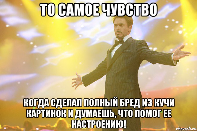 то самое чувство когда сделал полный бред из кучи картинок и думаешь, что помог ее настроению!, Мем Тони Старк (Роберт Дауни младший)