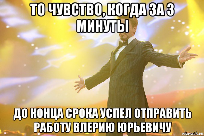 то чувство, когда за 3 минуты до конца срока успел отправить работу влерию юрьевичу, Мем Тони Старк (Роберт Дауни младший)