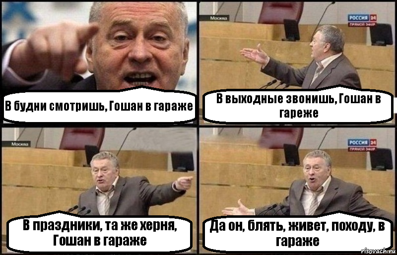 В будни смотришь, Гошан в гараже В выходные звонишь, Гошан в гареже В праздники, та же херня, Гошан в гараже Да он, блять, живет, походу, в гараже, Комикс Жириновский