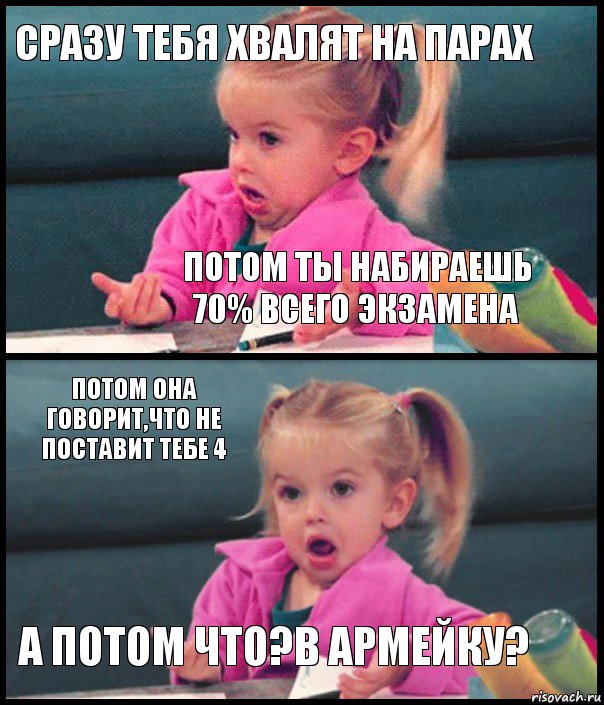 сразу тебя хвалят на парах потом ты набираешь 70% всего экзамена потом она говорит,что не поставит тебе 4 а потом что?в армейку?