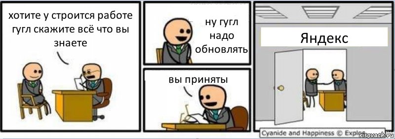 хотите у строится работе гугл скажите всё что вы знаете ну гугл надо обновлять вы приняты Яндекс, Комикс Собеседование на работу