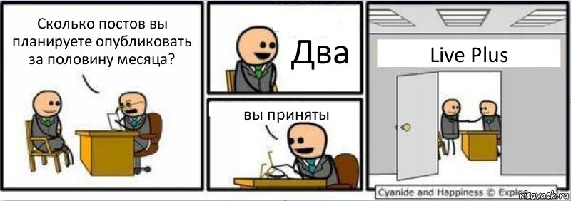 Сколько постов вы планируете опубликовать за половину месяца? Два вы приняты Live Plus, Комикс Собеседование на работу