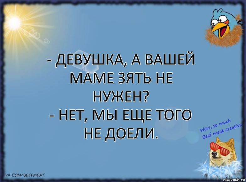 - Девушка, а вашей маме зять не нужен?
- Нет, мы еще того не доели., Комикс ФОН