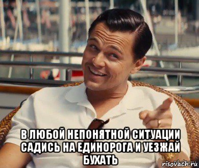  в любой непонятной ситуации садись на единорога и уезжай бухать, Мем Хитрый Гэтсби