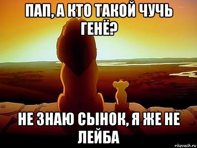 пап, а кто такой чучь генё? не знаю сынок, я же не лейба, Мем  король лев