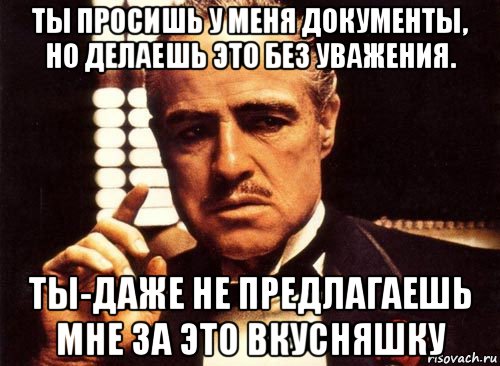 ты просишь у меня документы, но делаешь это без уважения. ты-даже не предлагаешь мне за это вкусняшку, Мем крестный отец