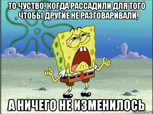 то чуство, когда рассадили для того , чтобы другие не разговаривали, а ничего не изменилось, Мем Спанч Боб плачет