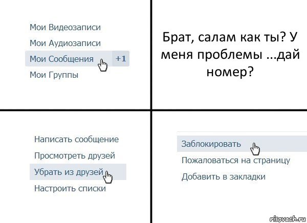 Брат, салам как ты? У меня проблемы ...дай номер?