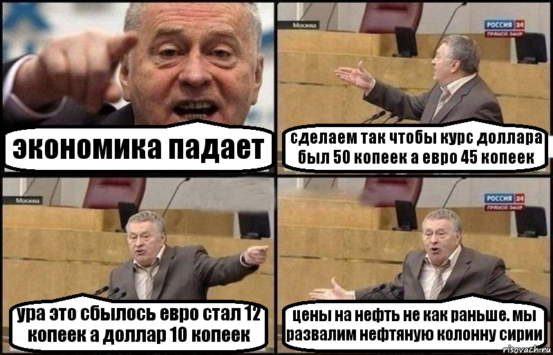 экономика падает сделаем так чтобы курс доллара был 50 копеек а евро 45 копеек ура это сбылось евро стал 12 копеек а доллар 10 копеек цены на нефть не как раньше. мы развалим нефтяную колонну сирии, Комикс Жириновский