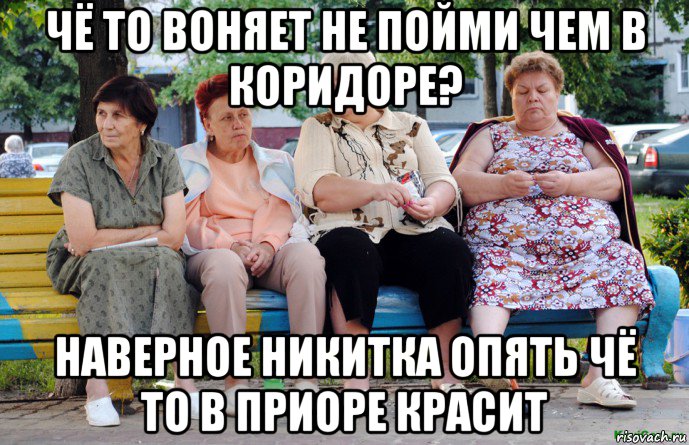 чё то воняет не пойми чем в коридоре? наверное никитка опять чё то в приоре красит, Мем Бабушки на скамейке