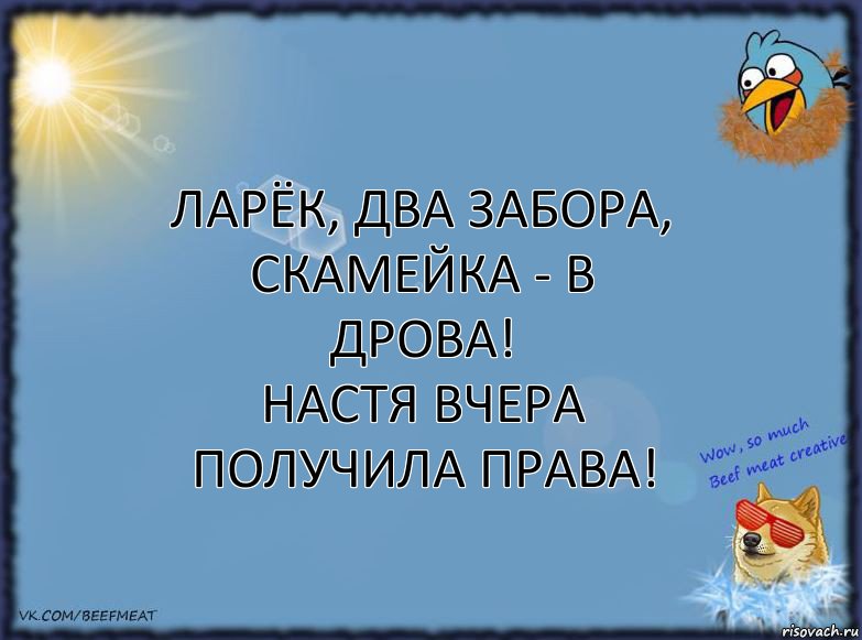 Ларёк, два забора, скамейка - в дрова!
Настя вчера получила права!, Комикс ФОН