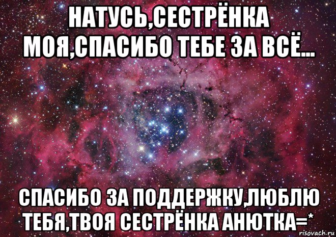 натусь,сестрёнка моя,спасибо тебе за всё... спасибо за поддержку,люблю тебя,твоя сестрёнка анютка=*, Мем Ты просто космос