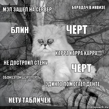 Мэл зашел на сервер Черт Черт Нету табличек Не достроил стену Бородач в инвизе Эдинго помогает денте блин ОБОЖЕЭТОЖЕАЭРОПОРТ KAPPA KAPPA KAPPA, Комикс  кот безысходность