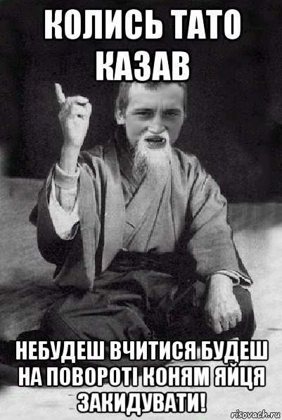 колись тато казав небудеш вчитися будеш на повороті коням яйця закидувати!, Мем Мудрий паца