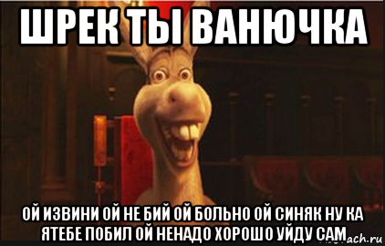 шрек ты ванючка ой извини ой не бий ой больно ой синяк ну ка ятебе побил ой ненадо хорошо уйду сам, Мем Осел из Шрека