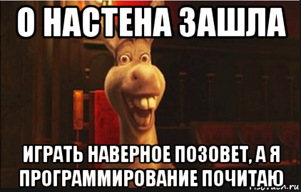 о настена зашла играть наверное позовет, а я программирование почитаю, Мем Осел из Шрека