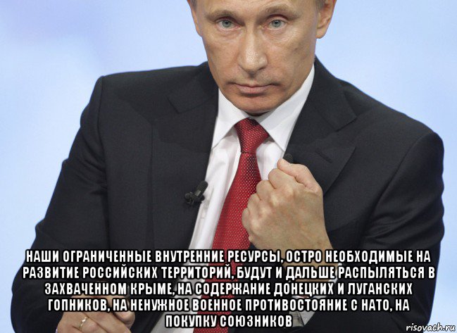  наши ограниченные внутренние ресурсы, остро необходимые на развитие российских территорий, будут и дальше распыляться в захваченном крыме, на содержание донецких и луганских гопников, на ненужное военное противостояние с нато, на покупку союзников, Мем Путин показывает кулак