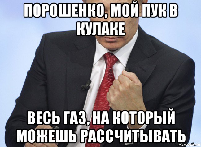 порошенко, мой пук в кулаке весь газ, на который можешь рассчитывать, Мем Путин показывает кулак