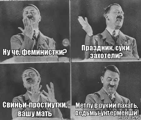 Ну че, феминистки? Праздник, суки, захотели? Свиньи-простиутки, вашу мать Метлу в рукии пахать, ведьмы-унтерменши!, Комикс  гитлер за трибуной