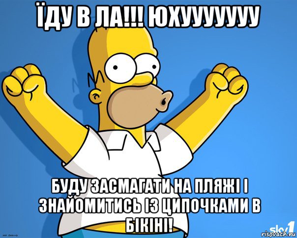 їду в ла!!! юхууууууу буду засмагати на пляжі і знайомитись із ципочками в бікіні!, Мем    Гомер