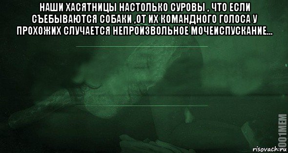 наши хасятницы настолько суровы , что если съебываются собаки ,от их командного голоса у прохожих случается непроизвольное мочеиспускание... , Мем Игра слов 2