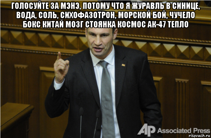 голосуйте за мэнэ, потому что я журавль в синице, вода, соль, сихофазотрон, морской бой, чучело бокс китай мозг стоянка космос ак-47 тепло , Мем кличко философ