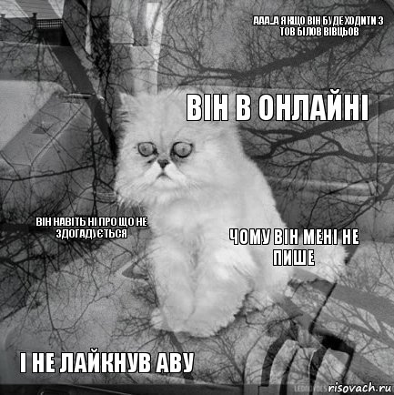  Чому він мені не пише Він в онлайні і не лайкнув аву він навіть ні про що не здогадується ааа..а якщо він буде ходити з тов білов вівцьов    , Комикс  кот безысходность