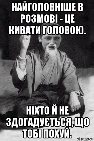 найголовніше в розмові - це кивати головою. ніхто й не здогадується, що тобі похуй., Мем Мудрий паца