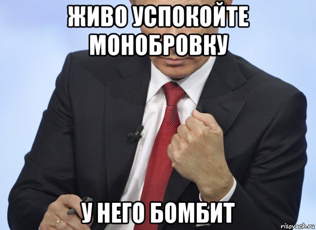 живо успокойте монобровку у него бомбит, Мем Путин показывает кулак