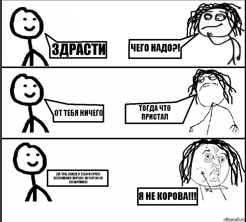 Здрасти От тебя ничего Да так, увидел тебя и сразу вспомнил корову которую не покормил) Чего надо?! Тогда что пристал Я не корова!!!