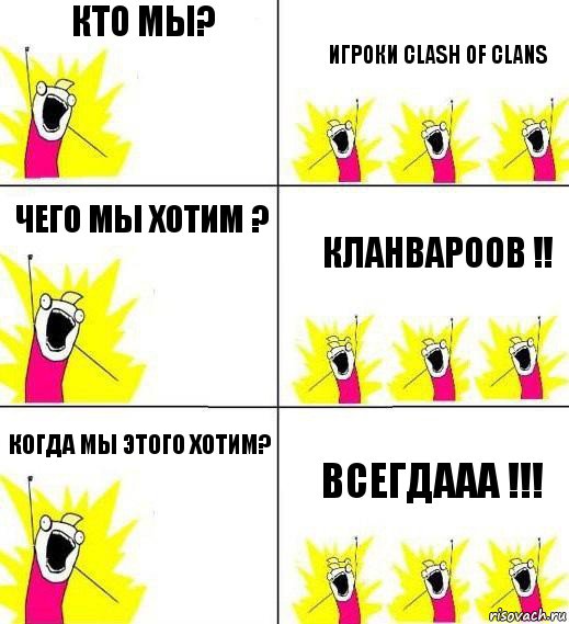 Кто мы? Игроки clash of clans Чего мы хотим ? Кланвароов !! Когда мы этого хотим? Всегдааа !!!